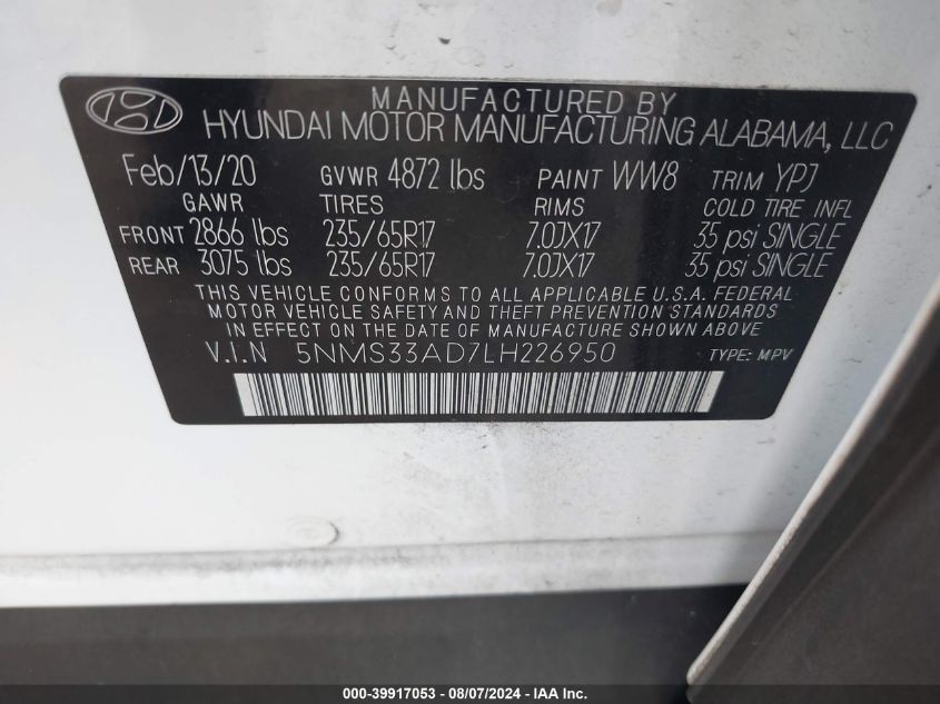 2020 Hyundai Santa Fe Sel VIN: 5NMS33AD7LH226950 Lot: 39917053