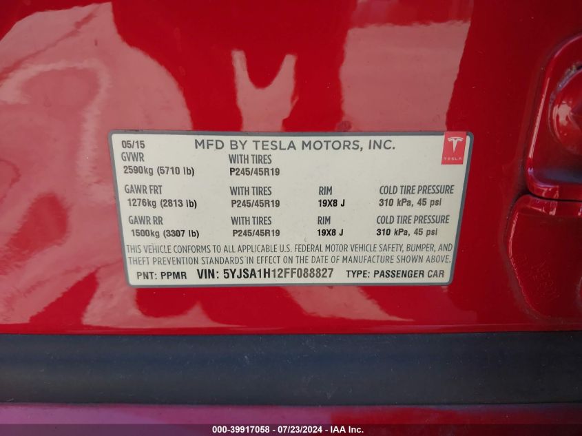 2015 Tesla Model S 60/70/85 VIN: 5YJSA1H12FF088827 Lot: 39917058