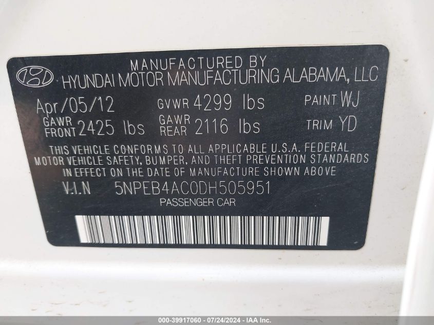 2013 Hyundai Sonata Gls VIN: 5NPEB4AC0DH505951 Lot: 39917060