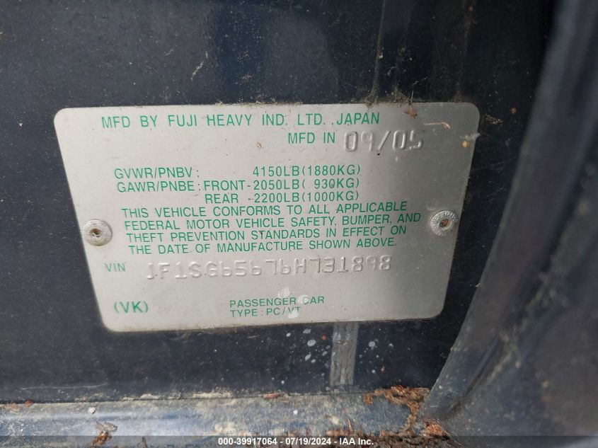 2006 Subaru Forester 2.5X Premium VIN: JF1SG65676H731898 Lot: 39917064