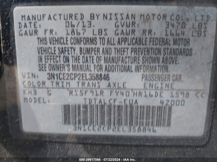 2014 Nissan Versa Note S (Sr) VIN: 3N1CE2CP2EL358846 Lot: 39917066