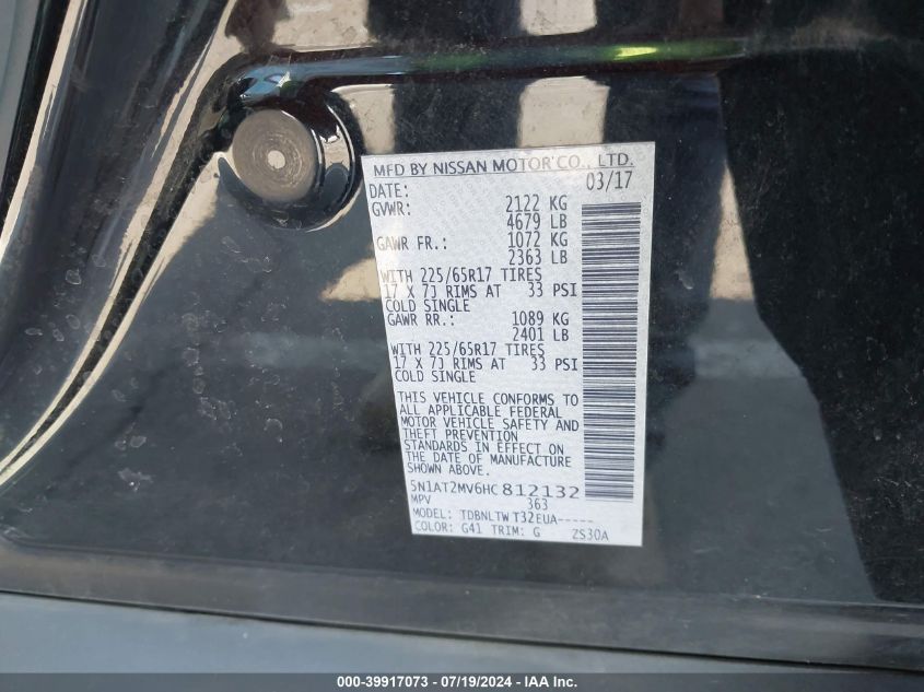 2017 Nissan Rogue Sv/Sl VIN: 5N1AT2MV6HC812132 Lot: 39917073
