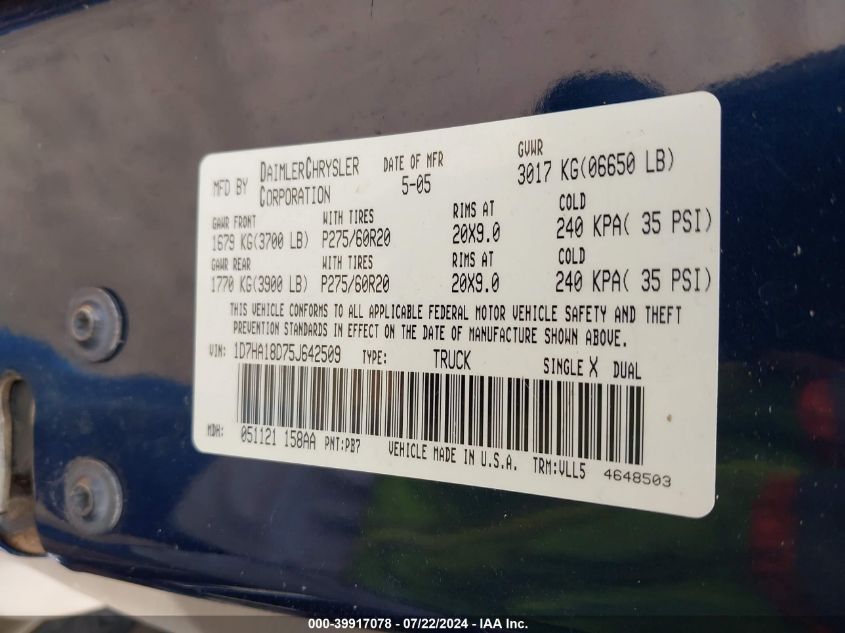 2005 Dodge Ram 1500 Slt/Laramie VIN: 1D7HA18D75J642509 Lot: 39917078