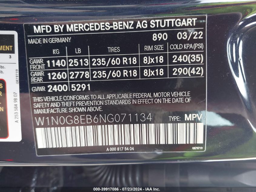 2022 Mercedes-Benz Glc 300 4Matic VIN: W1N0G8EB6NG071134 Lot: 39917086