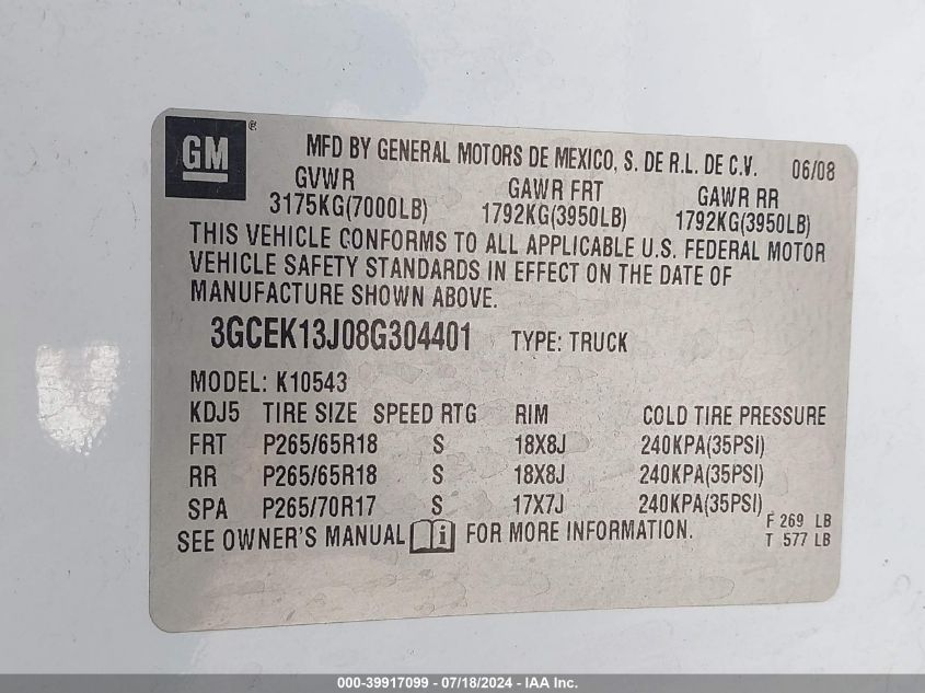 2008 Chevrolet Silverado 1500 Lt1 VIN: 3GCEK13J08G304401 Lot: 39917099