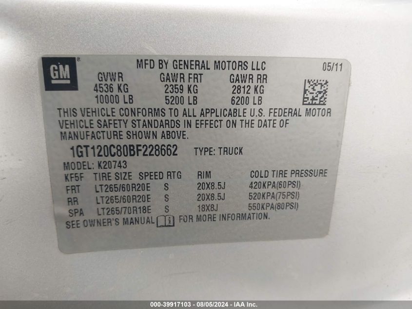 1GT120C80BF228662 2011 GMC Sierra 2500Hd Sle