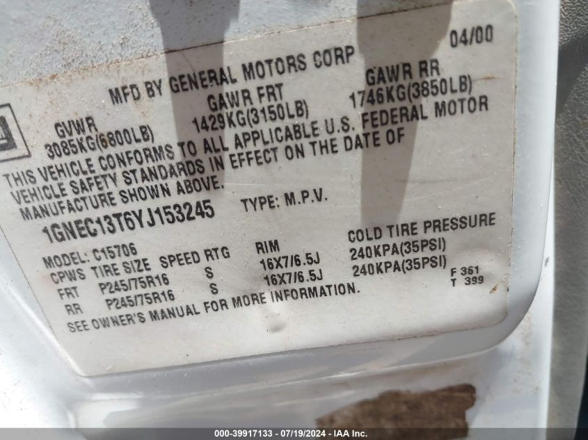 2000 Chevrolet Tahoe All New Ls VIN: 1GNEC13T6YJ153245 Lot: 39917133