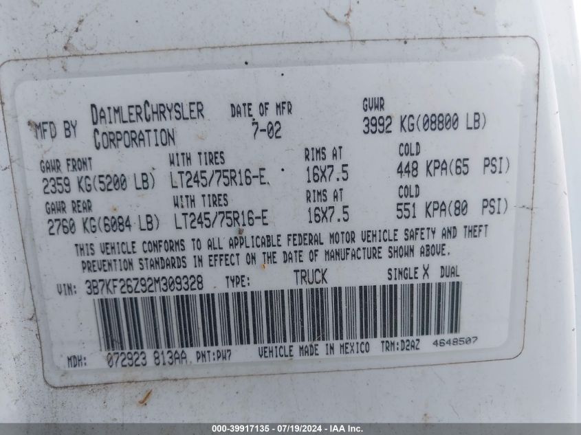 2002 Dodge Ram 2500 St VIN: 3B7KF26Z92M309328 Lot: 39917135