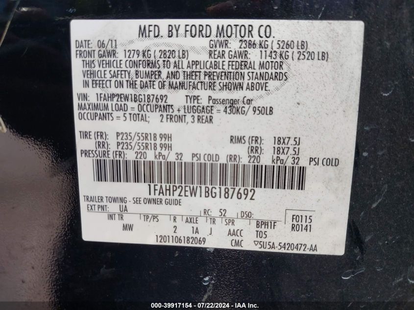 2011 Ford Taurus Sel VIN: 1FAHP2EW1BG187692 Lot: 39917154