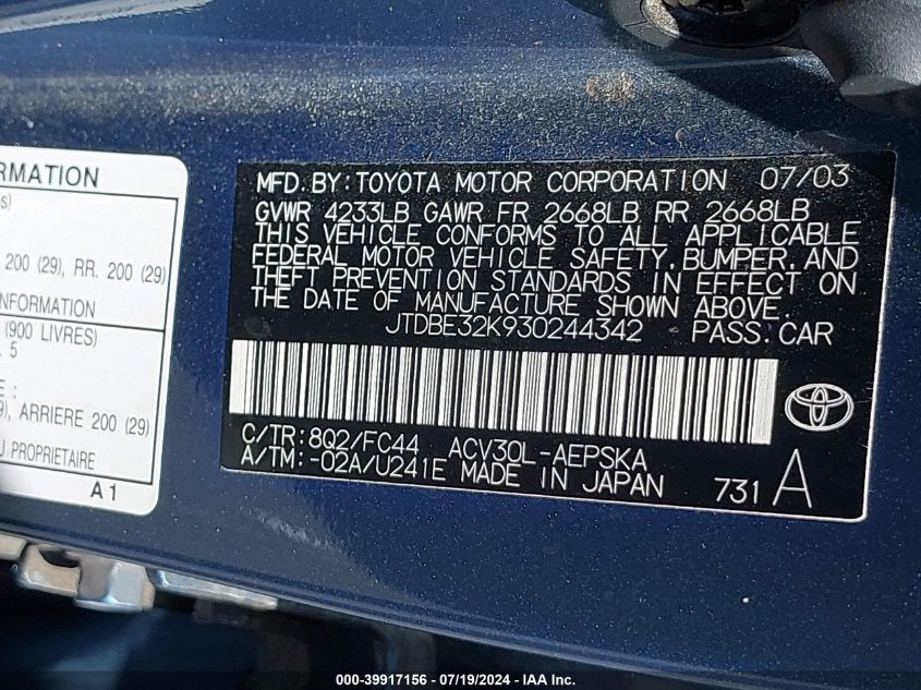 2003 Toyota Camry Se VIN: JTDBE32K930244342 Lot: 39917156