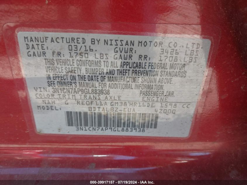 2016 Nissan Versa 1.6 Sv VIN: 3N1CN7AP9GL883938 Lot: 39917157