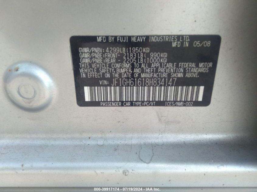 2008 Subaru Impreza 2.5I VIN: JF1GH61618H834147 Lot: 39917174