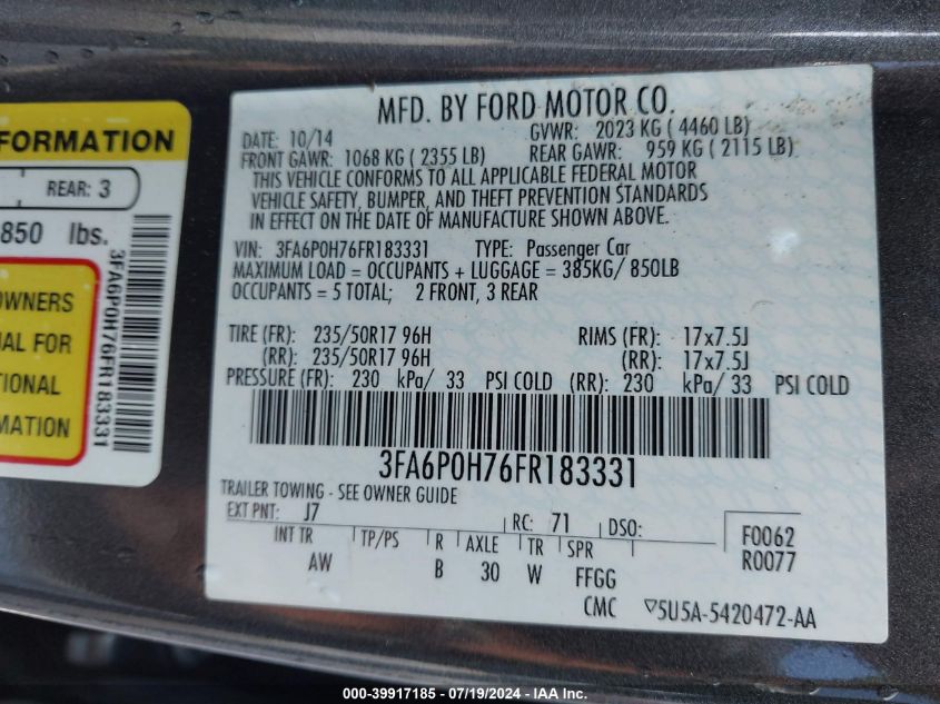 2015 Ford Fusion Se VIN: 3FA6P0H76FR183331 Lot: 39917185