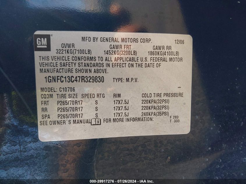 2007 Chevrolet Tahoe Ls VIN: 1GNFC13C47R329830 Lot: 39917276
