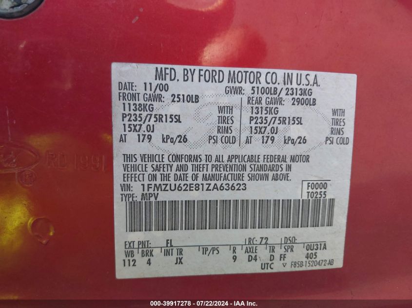 2001 Ford Explorer Xls VIN: 1FMZU62E81ZA63623 Lot: 39917278