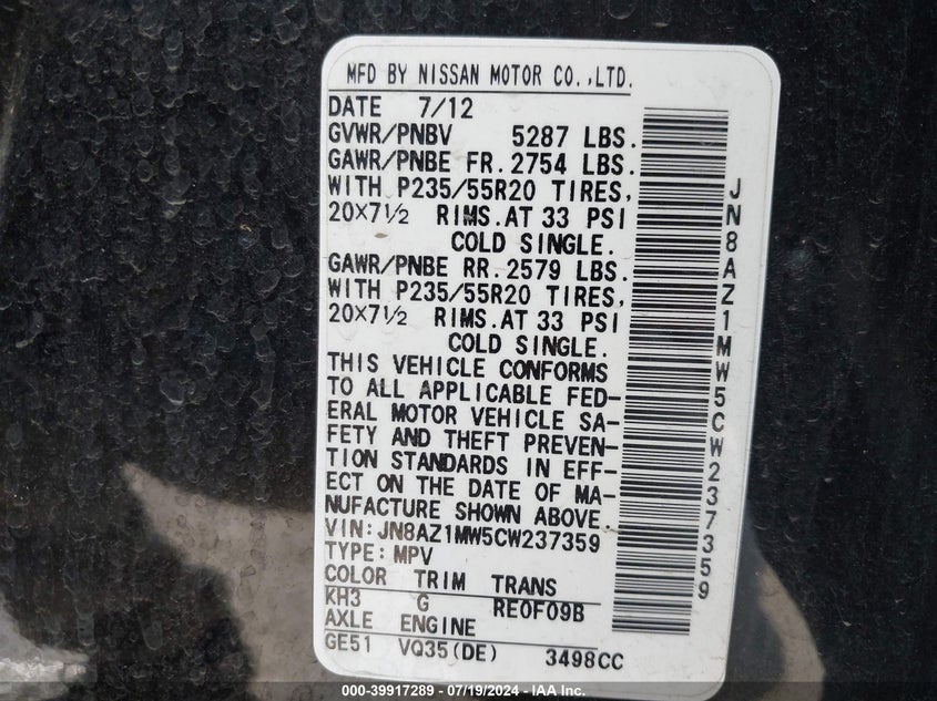 2012 Nissan Murano Le VIN: JN8AZ1MW5CW237359 Lot: 39917289
