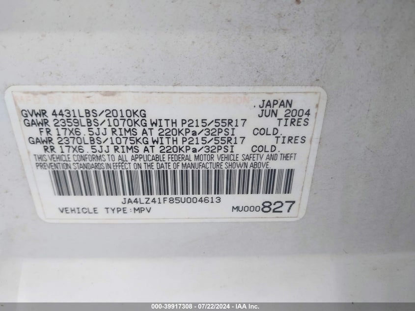 2005 Mitsubishi Outlander Xls VIN: JA4LZ41F85U004613 Lot: 39917308