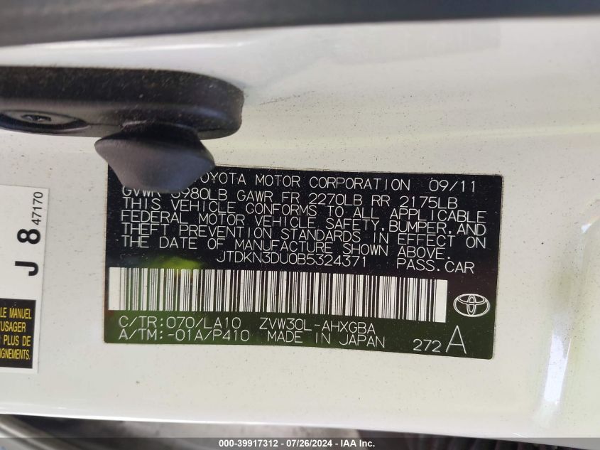 2011 Toyota Prius Four VIN: JTDKN3DU0B5324371 Lot: 39917312