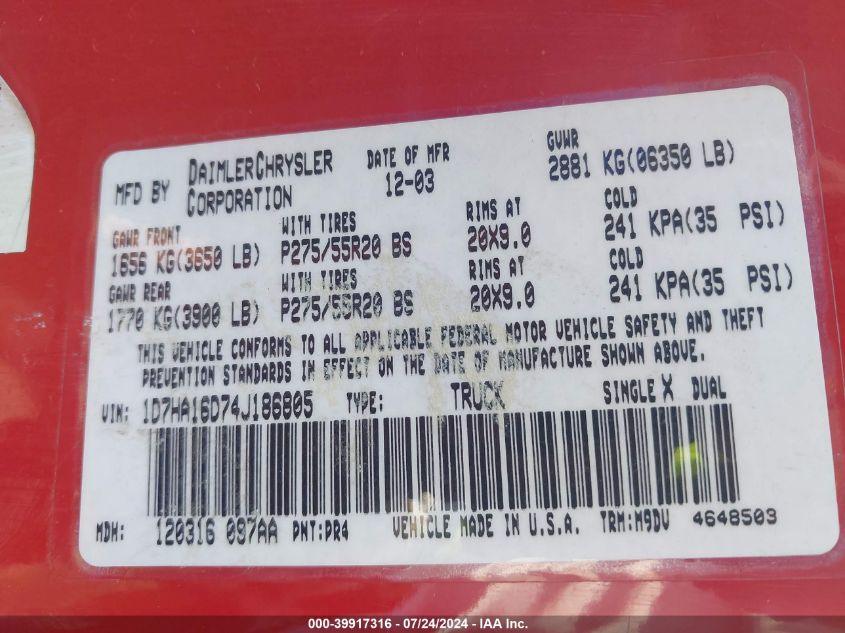 2004 Dodge Ram 1500 Slt/Laramie VIN: 1D7HA16D74J186805 Lot: 39917316