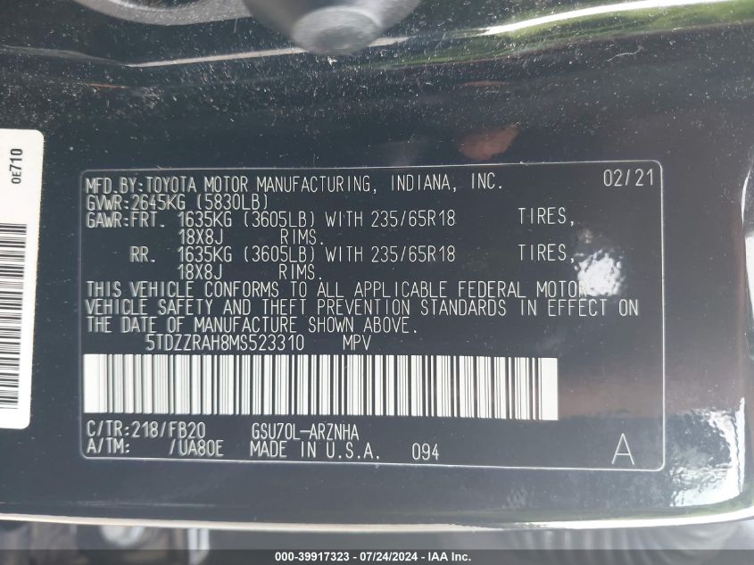 2021 Toyota Highlander Le VIN: 5TDZZRAH8MS523310 Lot: 39917323