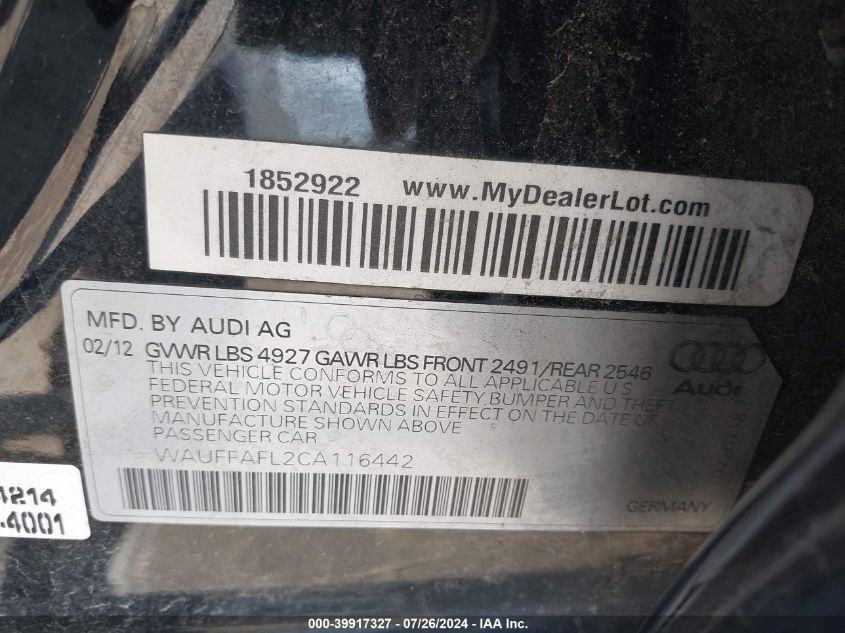 2012 Audi A4 2.0T Premium VIN: WAUFFAFL2CA116442 Lot: 39917327
