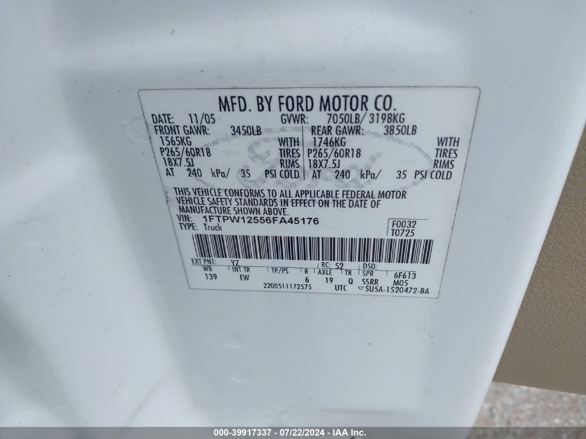 2006 Ford F-150 Lariat/Xlt VIN: 1FTPW12556FA45176 Lot: 39917337
