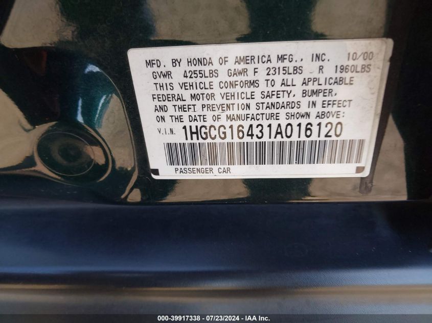 2001 Honda Accord 3.0 Lx VIN: 1HGCG16431A016120 Lot: 39917338