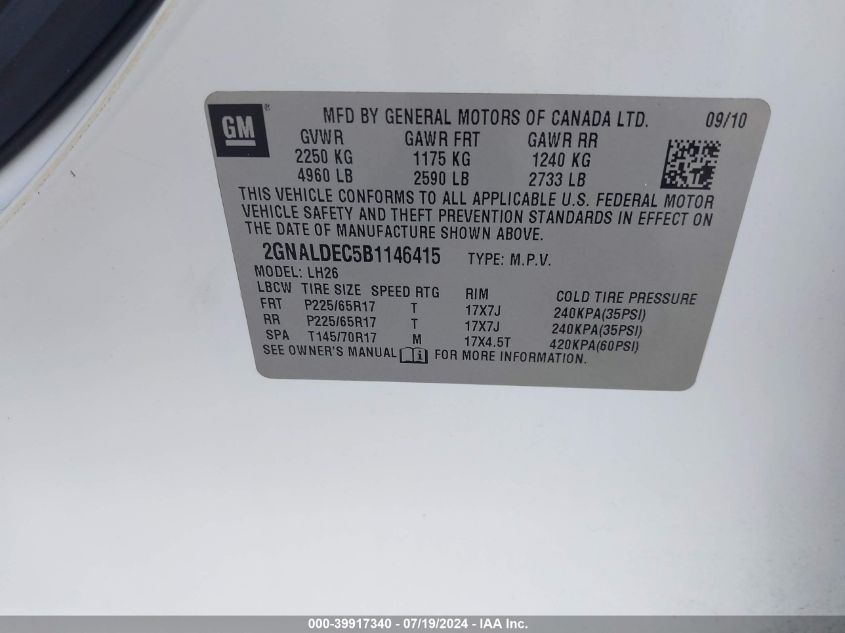 2011 Chevrolet Equinox 1Lt VIN: 2GNALDEC5B1146415 Lot: 39917340