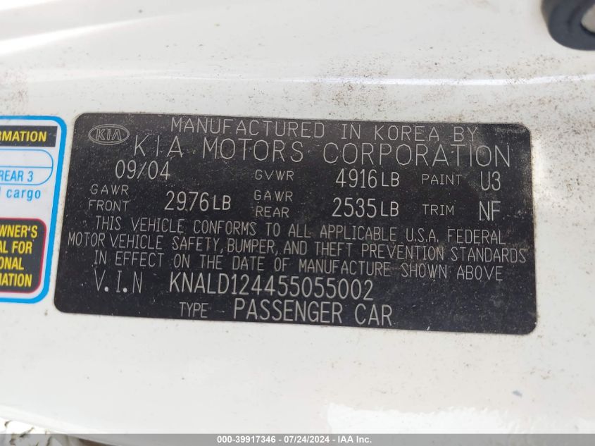 2005 Kia Amanti VIN: KNALD124455055002 Lot: 39917346