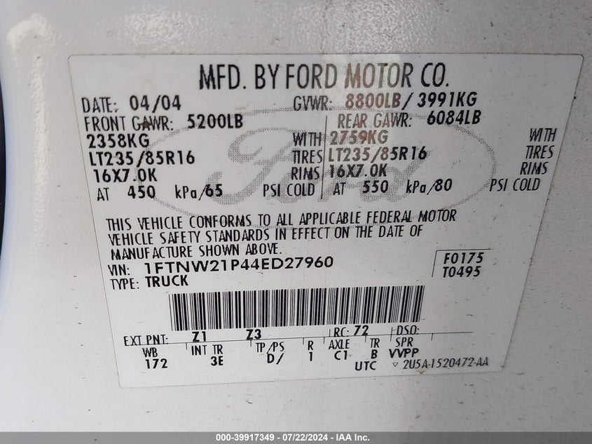2004 Ford F-250 Lariat/Xl/Xlt VIN: 1FTNW21P44ED27960 Lot: 39917349