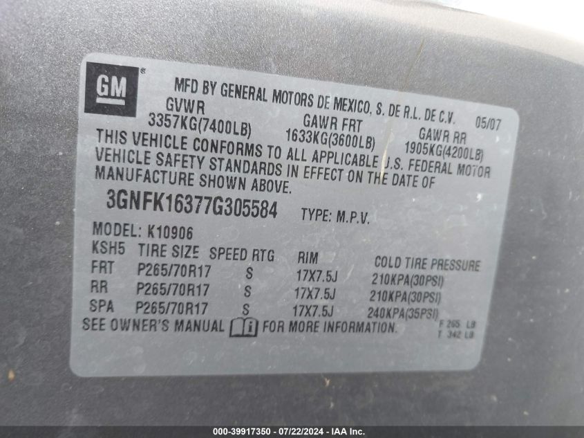 2007 Chevrolet Suburban 1500 Lt VIN: 3GNFK16377G305584 Lot: 39917350