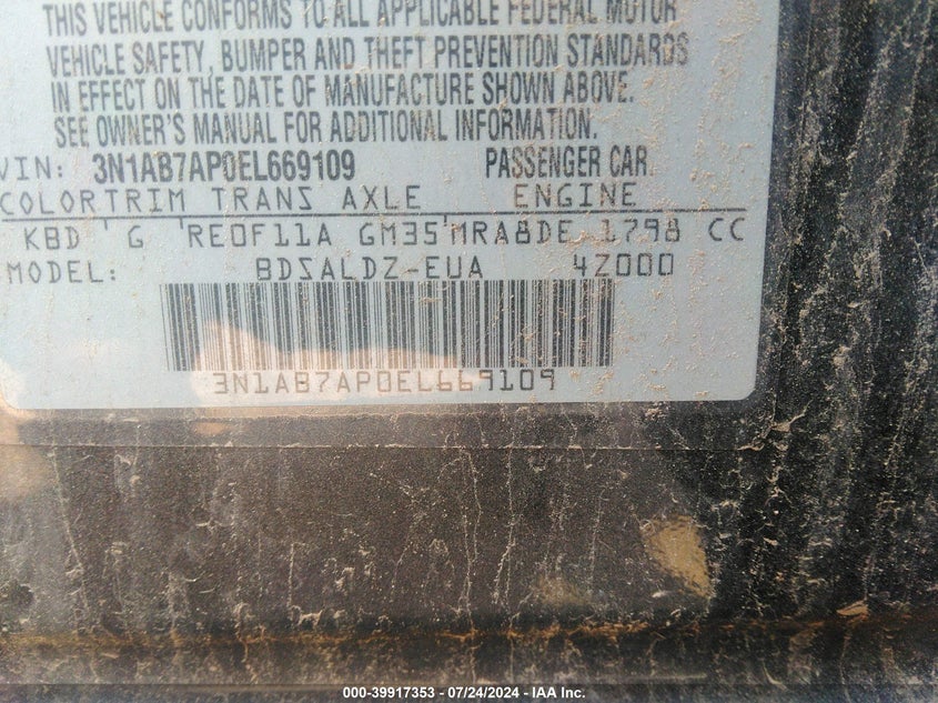 2014 Nissan Sentra Sv VIN: 3N1AB7AP0EL669109 Lot: 39917353