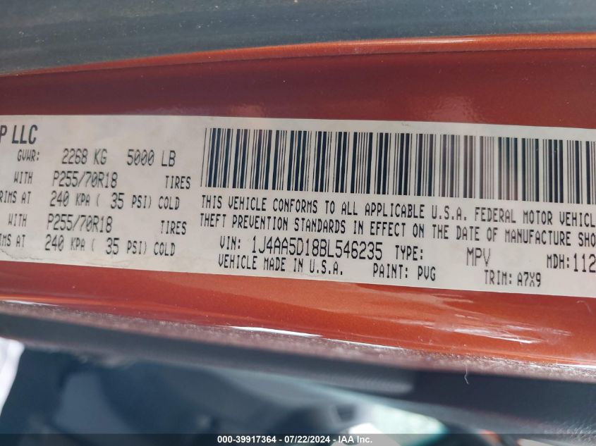 2011 Jeep Wrangler Sahara VIN: 1J4AA5D18BL546235 Lot: 39917364