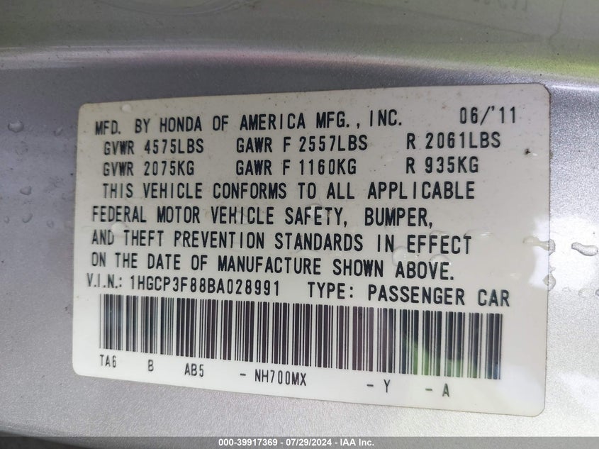 2011 Honda Accord Exl VIN: 1HGCP3F88BA028991 Lot: 39917369