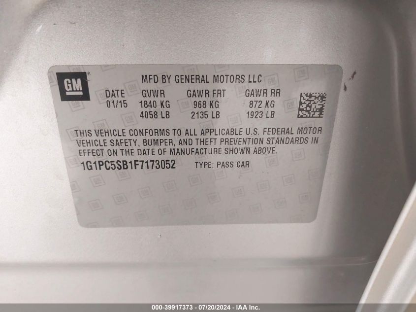 2015 Chevrolet Cruze 1Lt Auto VIN: 1G1PC5SB1F7173052 Lot: 39917373