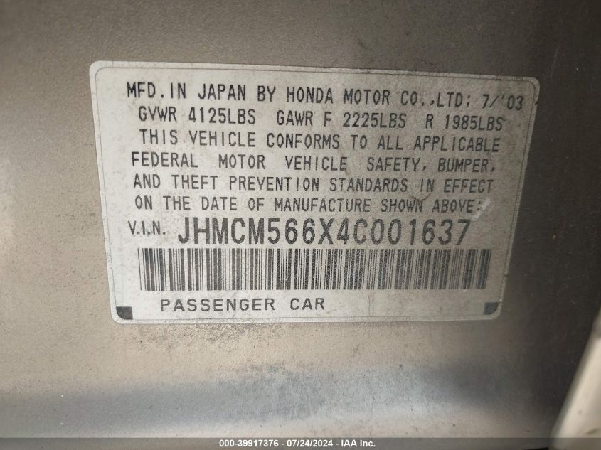 2004 Honda Accord Ex VIN: JHMCM566X4C001637 Lot: 39917376