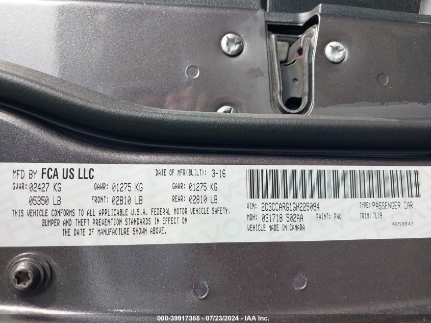 2016 Chrysler 300 Limited VIN: 2C3CCARG1GH225094 Lot: 39917385