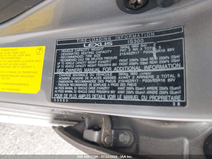 2003 Lexus Is 300 VIN: JTHBD192330073518 Lot: 39917390