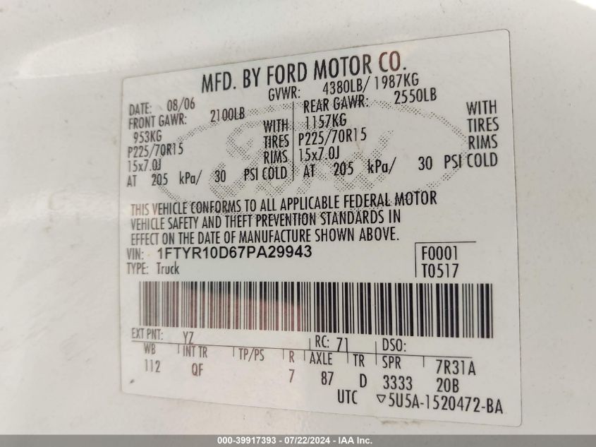 2007 Ford Ranger Stx/Xl/Xlt VIN: 1FTYR10D67PA29943 Lot: 39917393