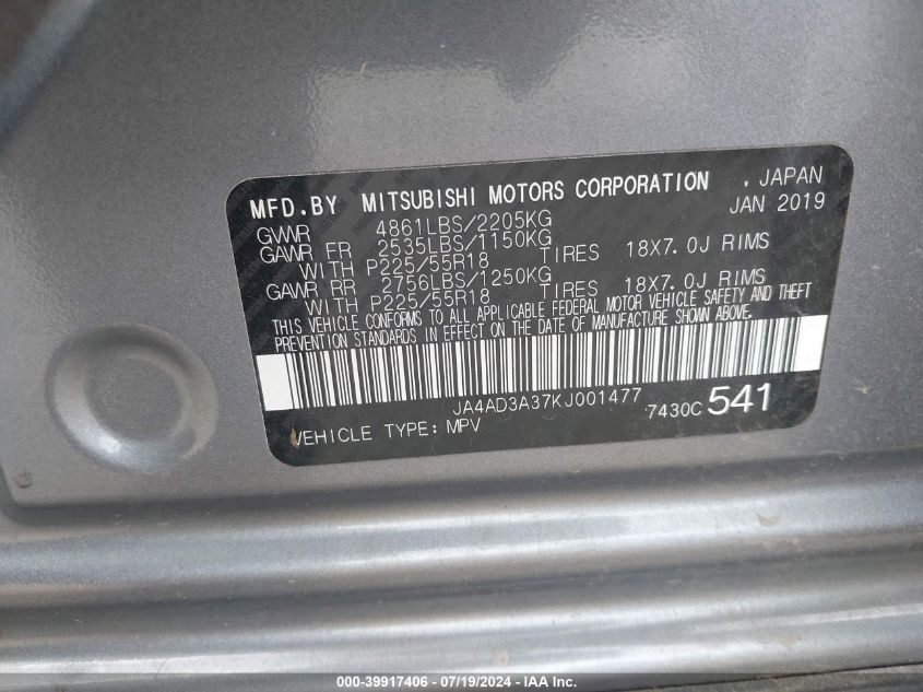 2019 Mitsubishi Outlander Sel VIN: JA4AD3A37KJ001477 Lot: 39917406