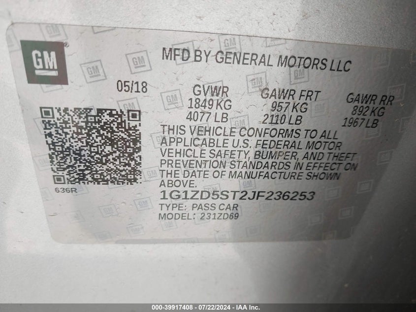 2018 CHEVROLET MALIBU LT - 1G1ZD5ST2JF236253