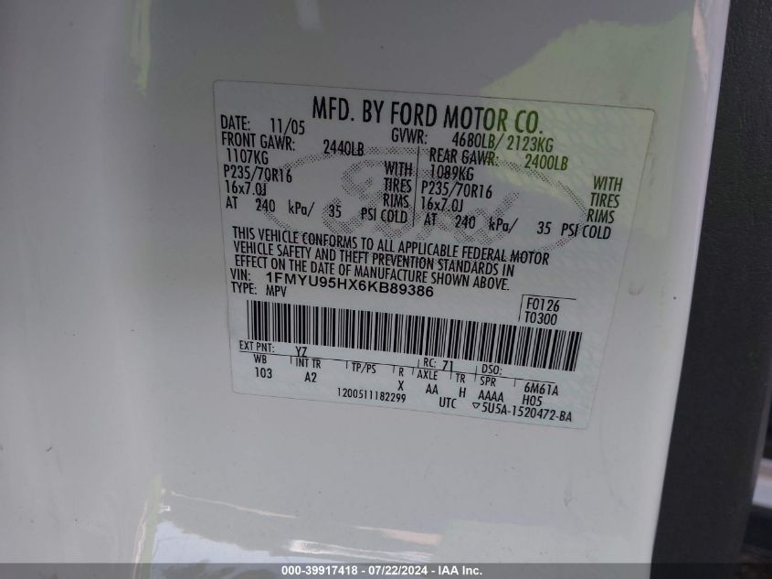 2006 Ford Escape Hybrid VIN: 1FMYU95HX6KB89386 Lot: 39917418