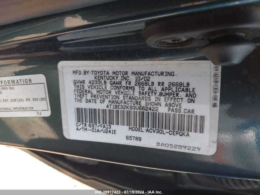 2003 Toyota Camry Xle VIN: 4T1BE32K93U662422 Lot: 39917423