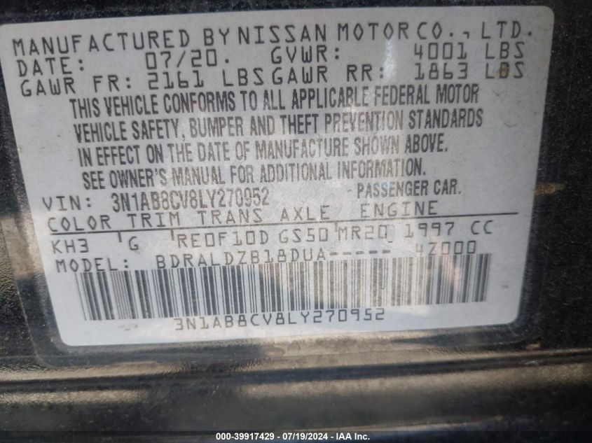 2020 Nissan Sentra Sv Xtronic Cvt VIN: 3N1AB8CV8LY270952 Lot: 39917429