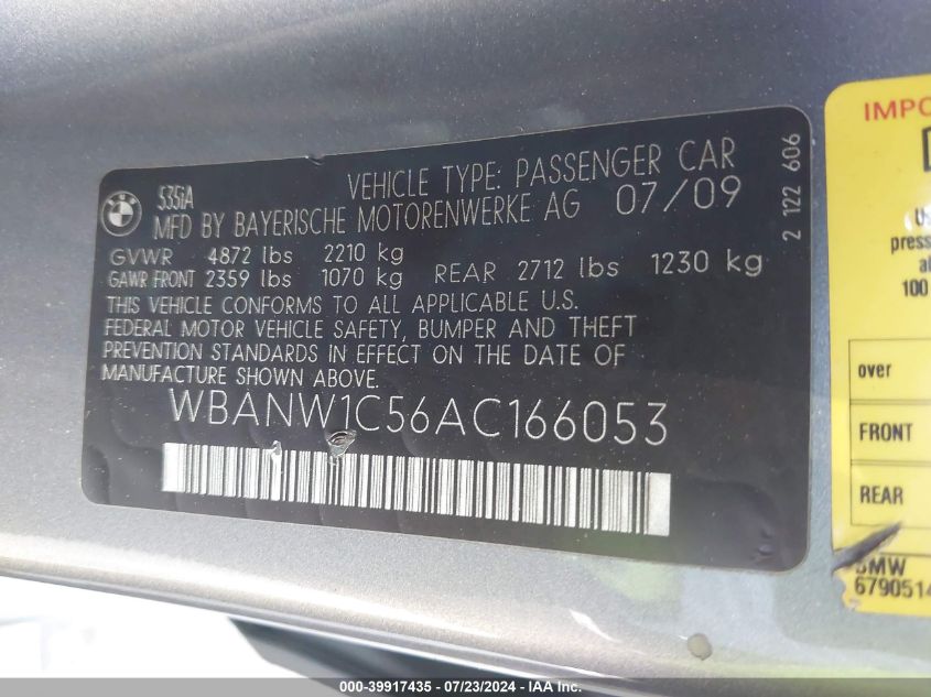 2010 BMW 535I VIN: WBANW1C56AC166053 Lot: 39917435