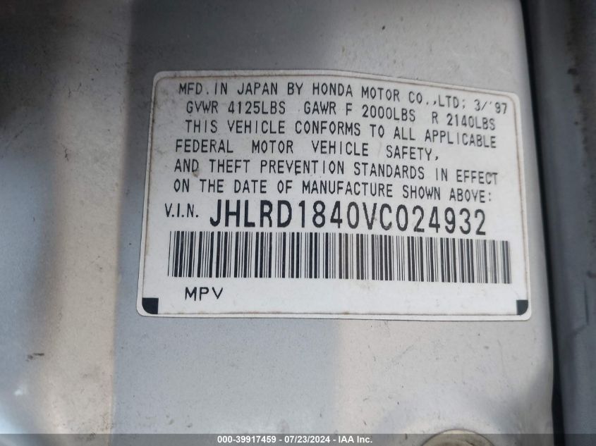 1997 Honda Cr-V Lx VIN: JHLRD1840VC024932 Lot: 39917459