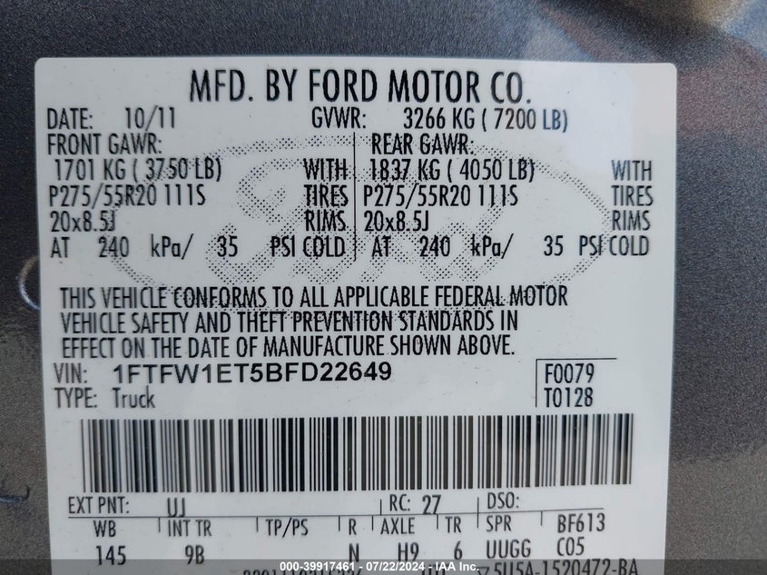 2011 Ford F-150 Platinum VIN: 1FTFW1ET5BFD22649 Lot: 39917461