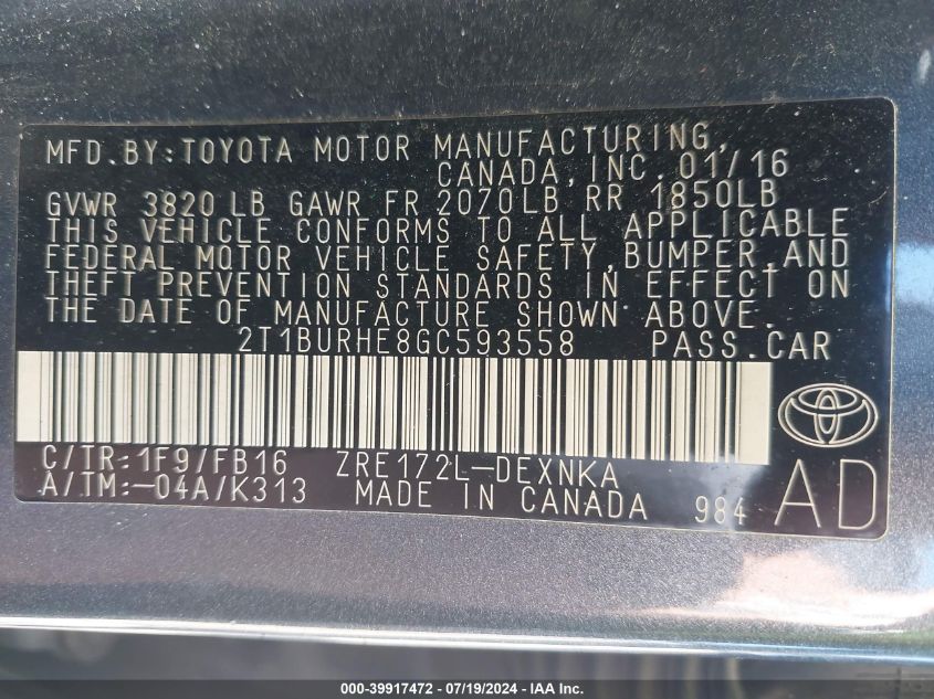 2016 TOYOTA COROLLA LE - 2T1BURHE8GC593558