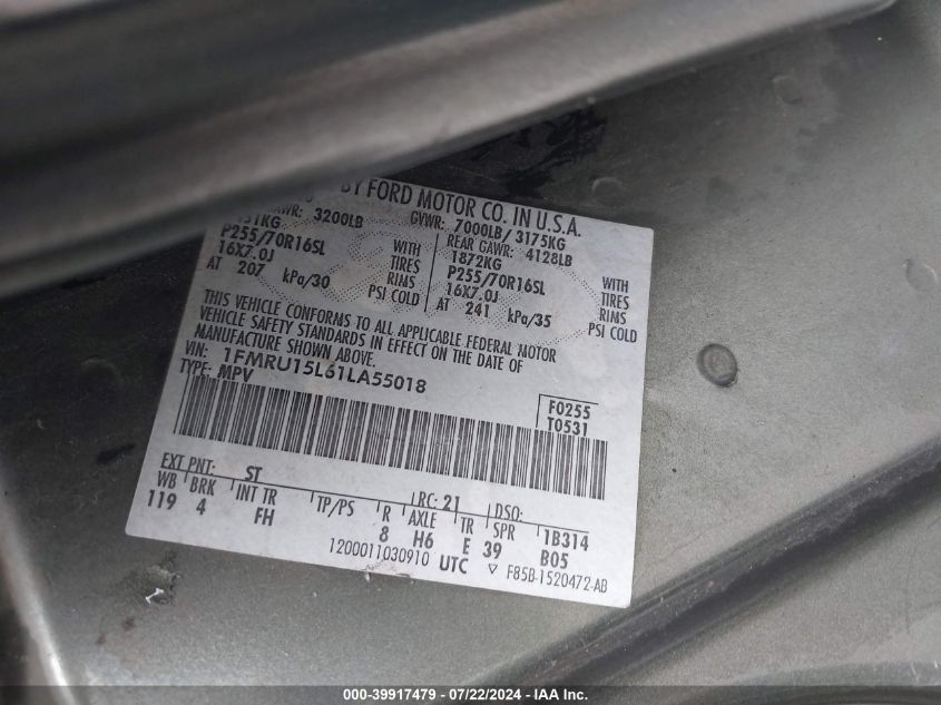 2001 Ford Expedition Xlt VIN: 1FMRU15L61LA55018 Lot: 39917479