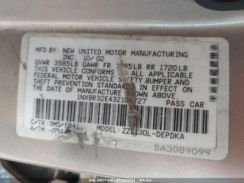 2003 Toyota Corolla Ce VIN: 1NXBR32E43Z106727 Lot: 39917490